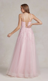  Embroidered-Lace Long Prom Ball Gown with Corset
