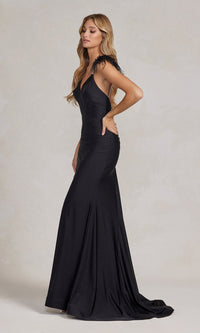 Black Backless Feathered Long Formal Dress