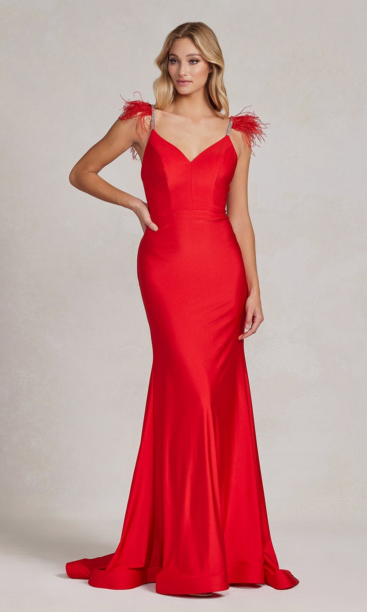  Backless Feathered Long Formal Dress