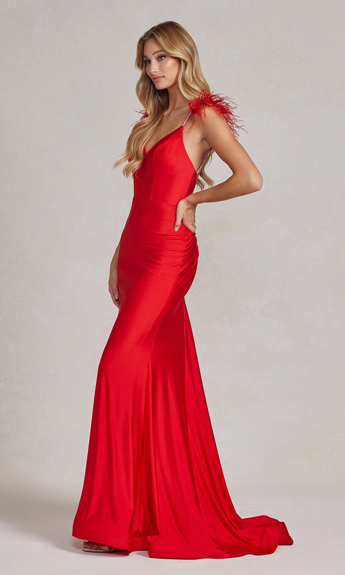 Red Backless Feathered Long Formal Dress
