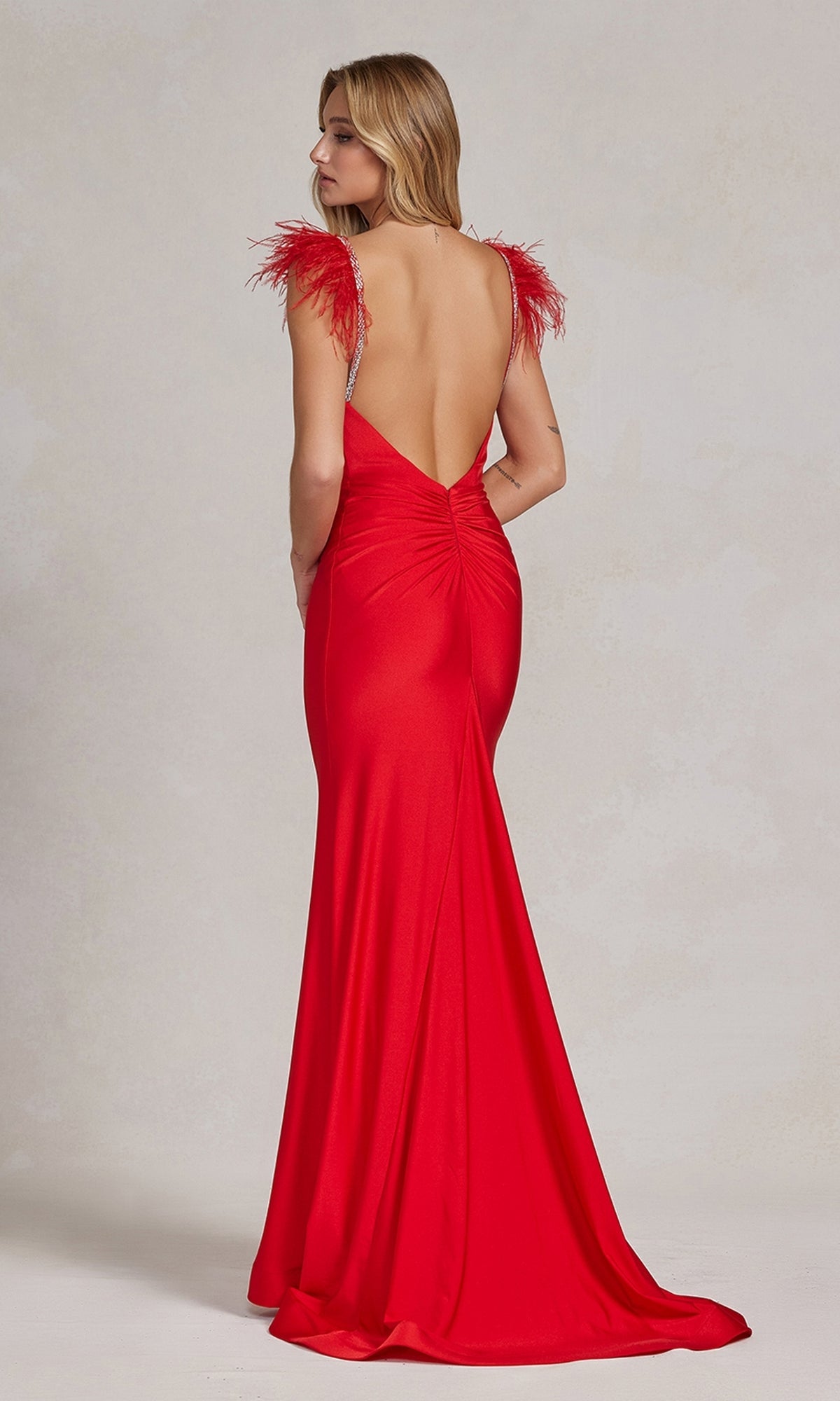 Backless Formal Dress with Feathered Straps Neon Orange / 6 Backless Formal Dress with Feathered Straps Neon Orange / 6