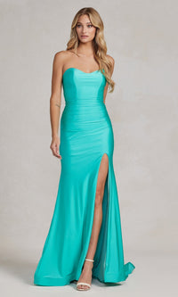 Atlantic Blue Sleek Strapless Simple Long Formal Dress