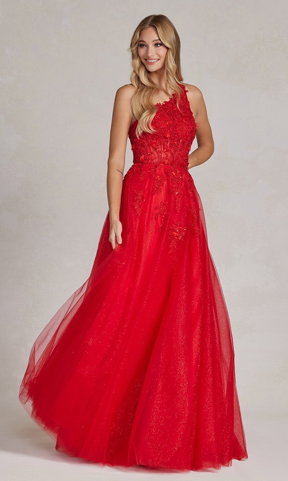  One-Shoulder Long Red Prom Ball Gown