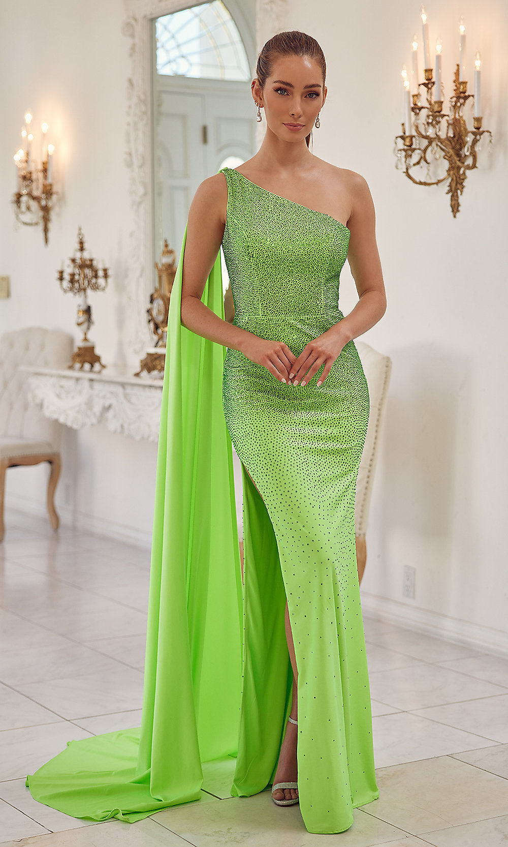 One-Shoulder Cape Long Beaded Formal Dress E1039