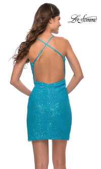 Bright Aqua Blue Sequin Short La Femme Party Dress