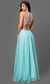  A-Line Long Chiffon Beaded Sheer Bodice Dress