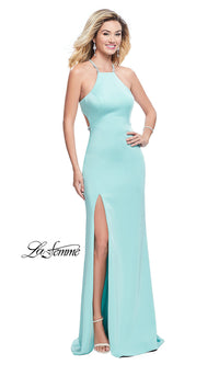 Aqua Open-Back La Femme Long Formal Dress with Beading