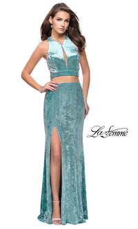 Aqua Open-Back Long Mock Two-Piece Velvet La Femme Prom Dress
