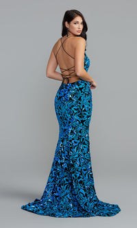  Sequin-Print Long Velvet Prom Dress with Train