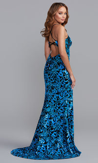  Open-Back Aqua Blue Sequin Long Velvet Prom Dress