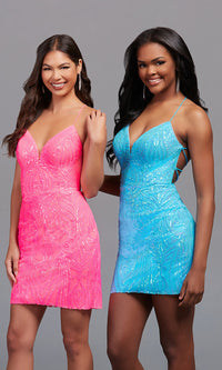 Aqua Shimmer Sequin-Tulle Strappy-Back Short Homecoming Dress