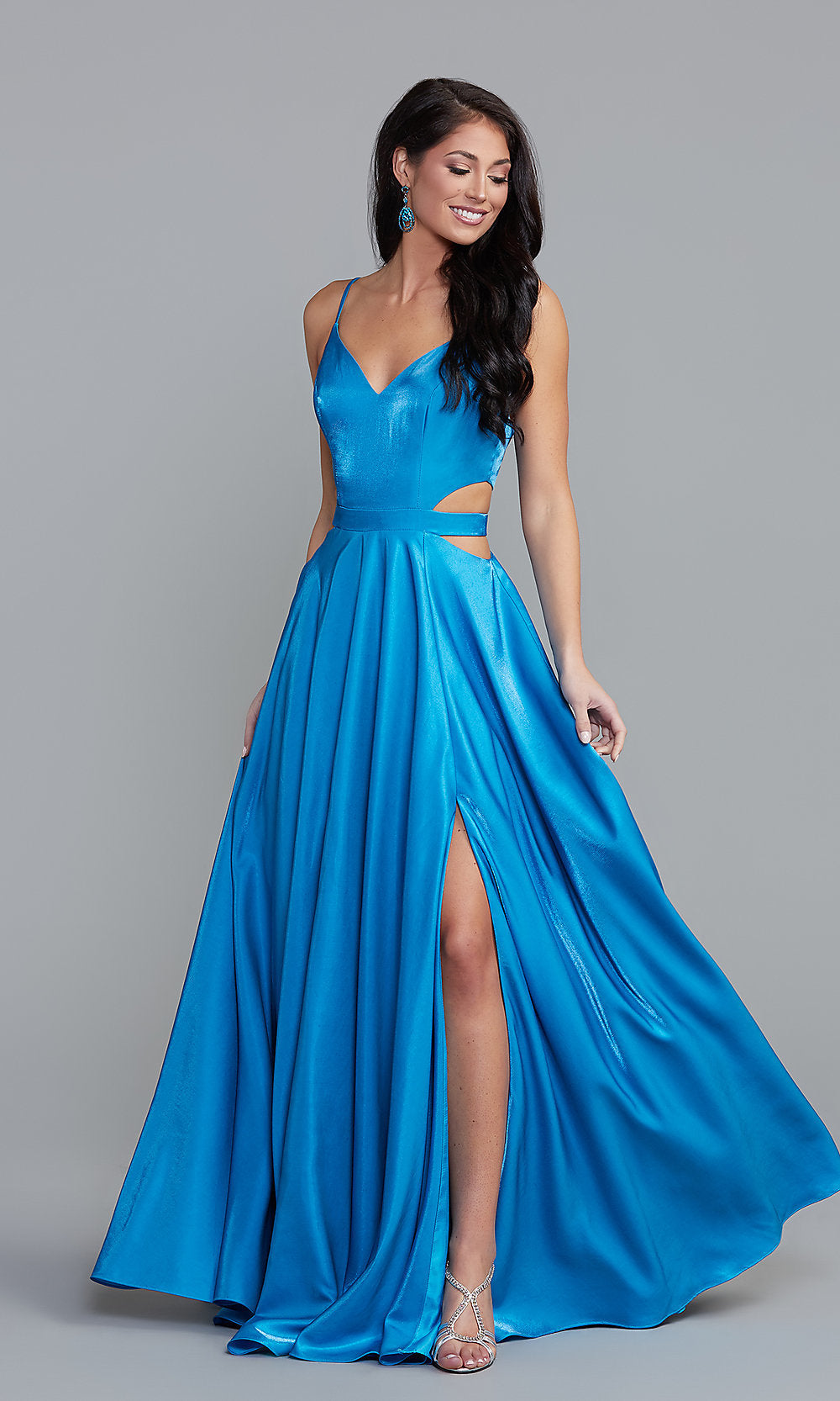 Aqua Shimmer Long Shimmer Formal Prom Dress with Side Cut Outs
