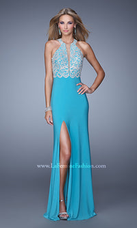 Aquamarine Embroidered-Bodice La Femme Long Prom Dress