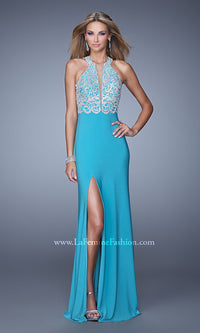 Aquamarine Embroidered-Bodice La Femme Long Prom Dress