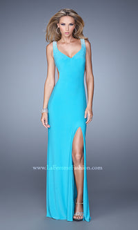 Aquamarine V-Neck Open-Back Jersey Prom Dress by La Femme