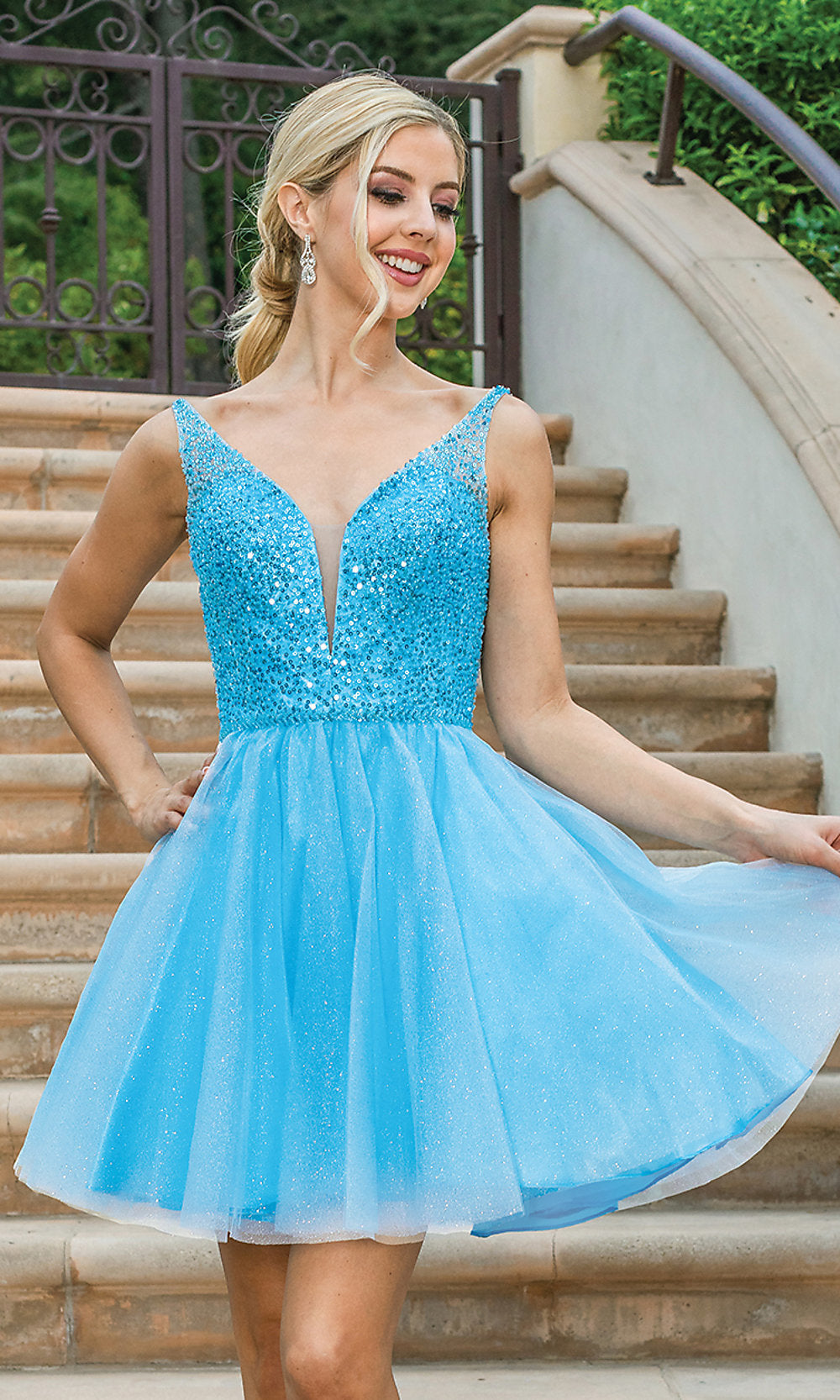 Bahama Blue Sequin-Bodice Glitter Short Prom Dress