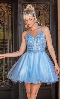 Bahama Blue Babydoll Short Prom Dress with Rolled Hemline