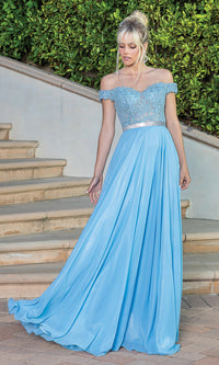 Bahama Blue Off-the-Shoulder Long Metallic A-Line Prom Dress