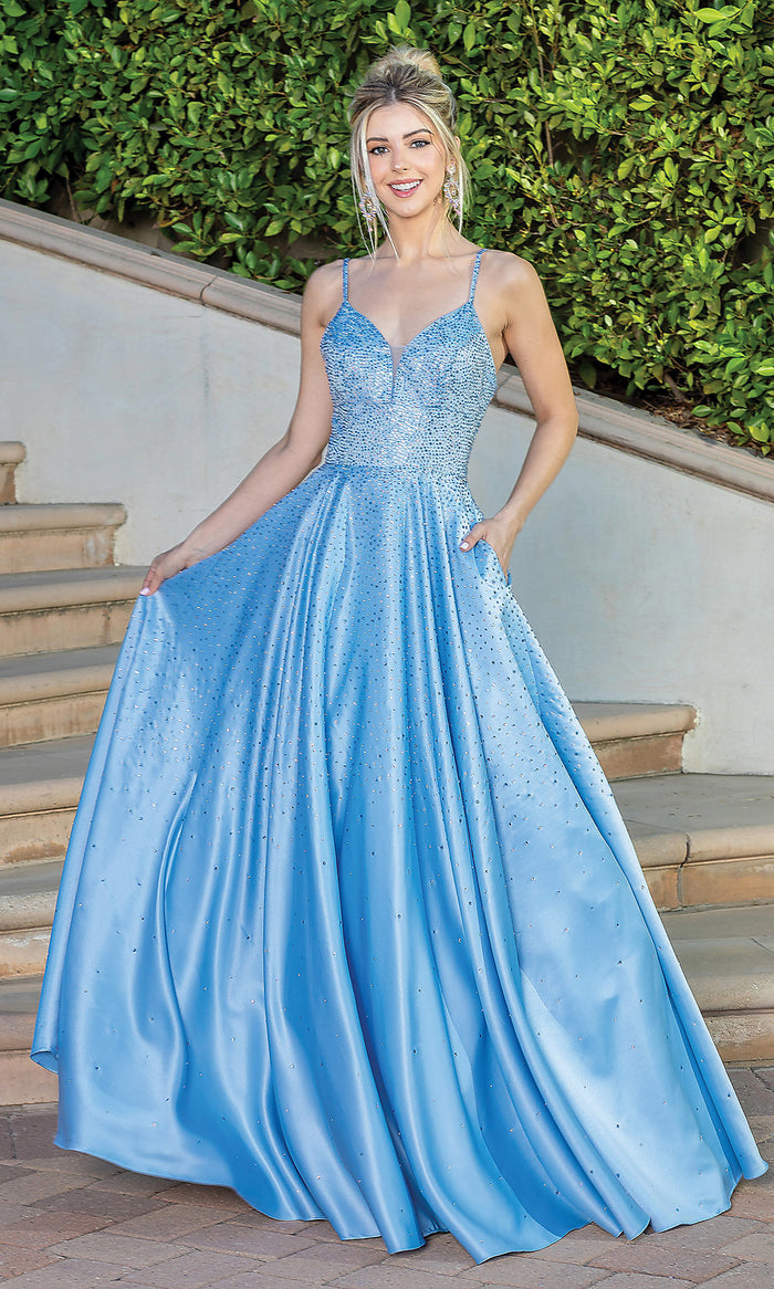 Bahama Blue A-Line Long Beaded Prom Dress with Pockets