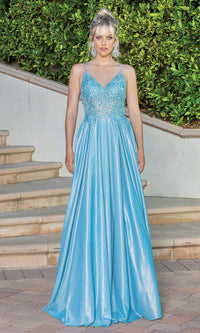Bahama Blue Corset-Back A-Line Long Prom Dress with Pockets