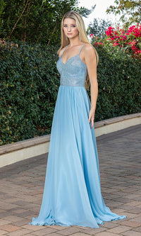 Bahama Blue Lace-Up Corset-Back Beaded-Bodice Long Prom Gown