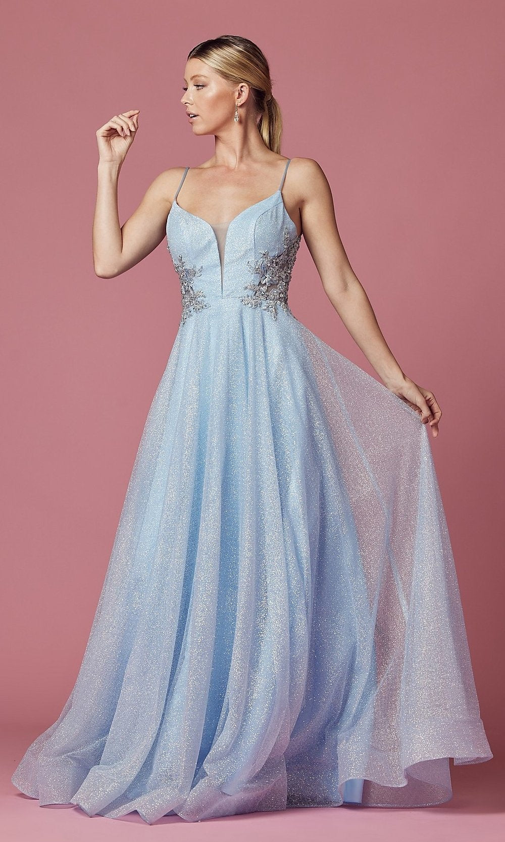 Bahama Blue Illusion-Back Long Glitter A-Line Formal Dress