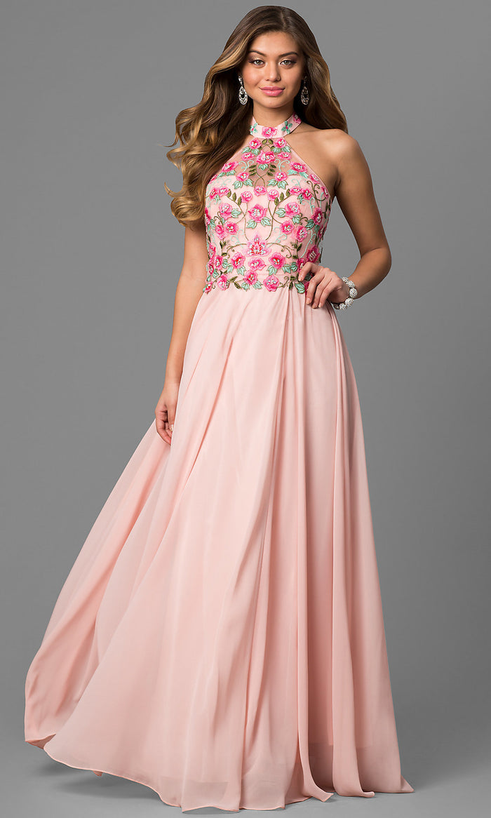 Blush Embroidered-Bodice Long Halter A-Line Prom Dress