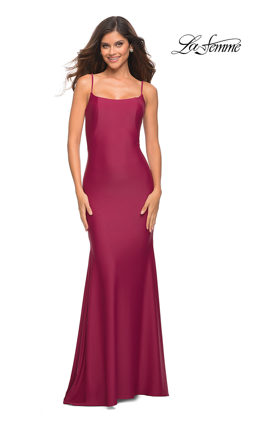 Berry Low V-Back La Femme Long Prom Dress with Train