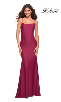 Berry Low V-Back La Femme Long Prom Dress with Train