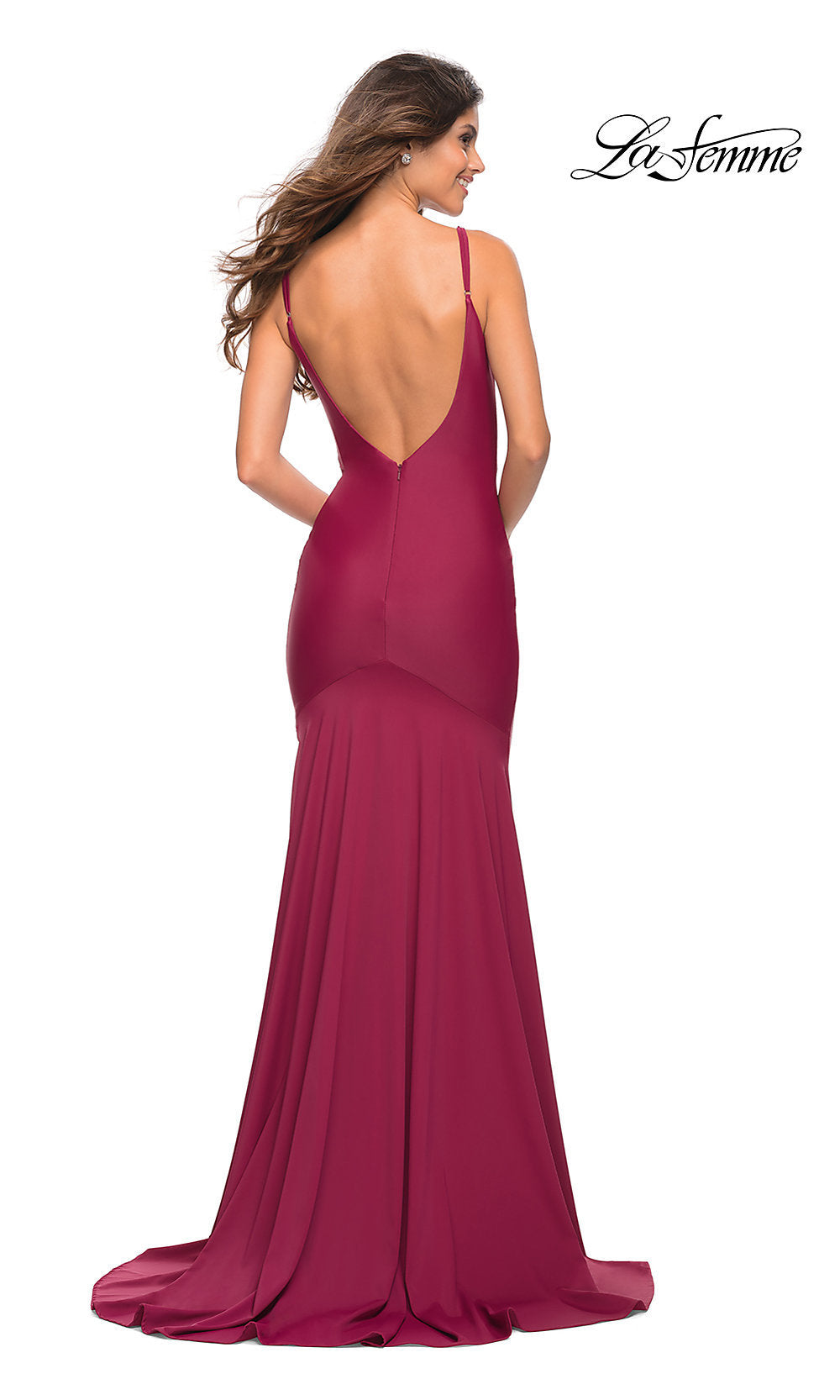  Low V-Back La Femme Long Prom Dress with Train