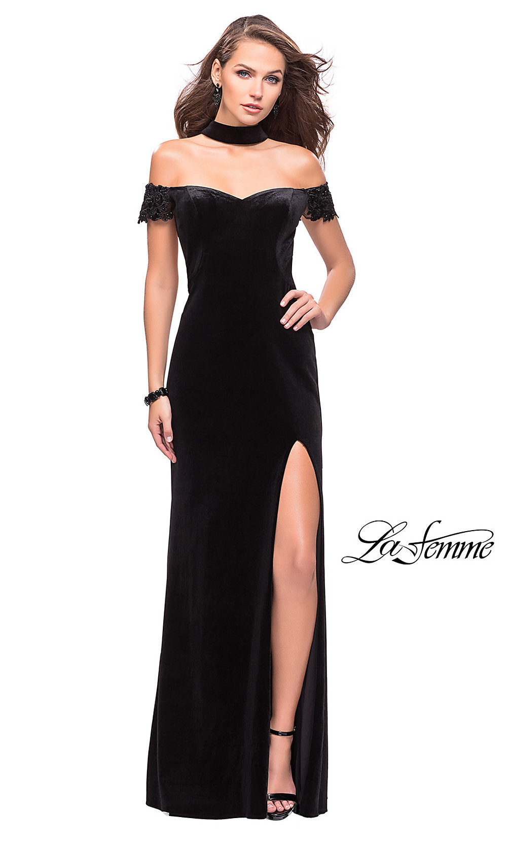 Black Off-the-Shoulder Long Velvet La Femme Prom Dress with Beading