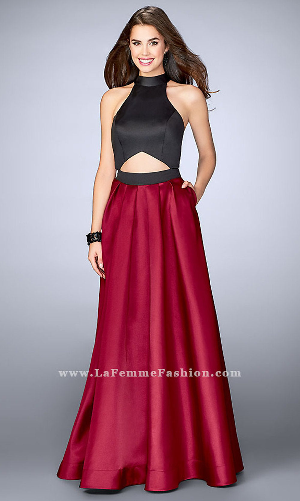 Black/Burgundy A-Line Two Tone Open Racer Back Prom Dress