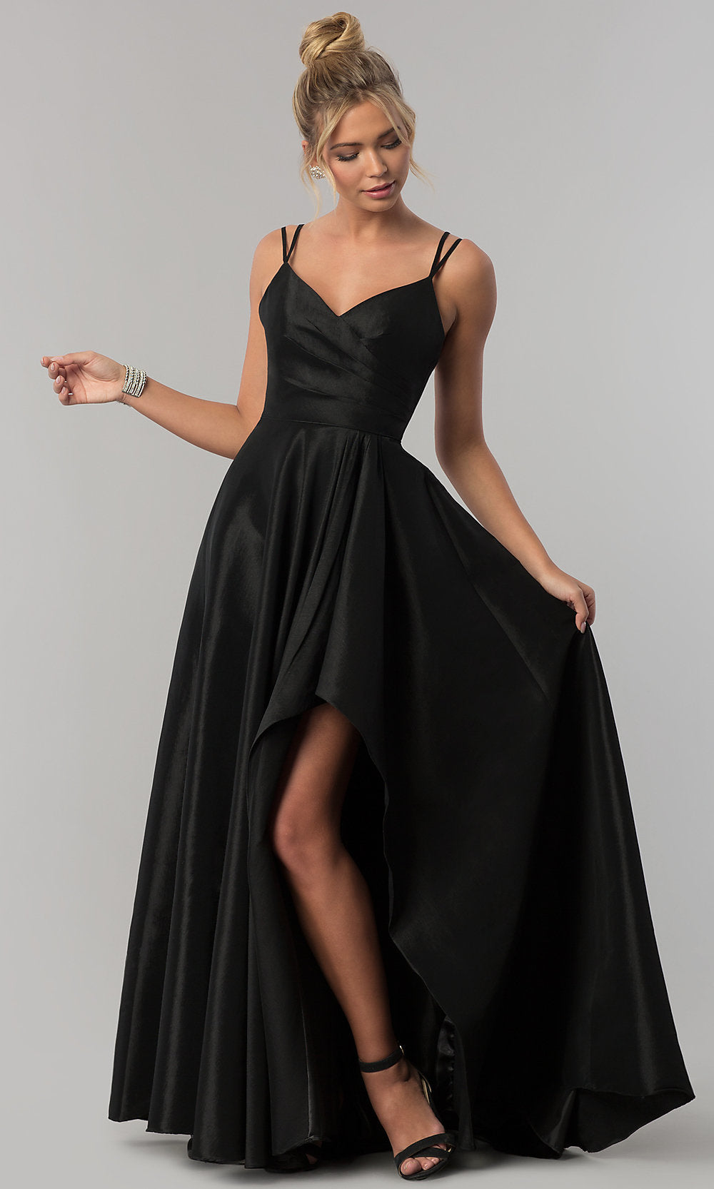 Black High-Low Side-Slit Long Taffeta Wedding-Guest Dress