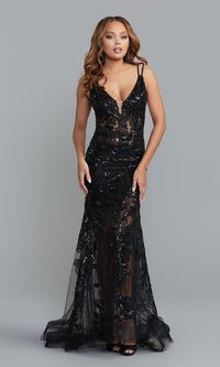 Black Ava Presley Sequin-Embroidered Long Prom Dress