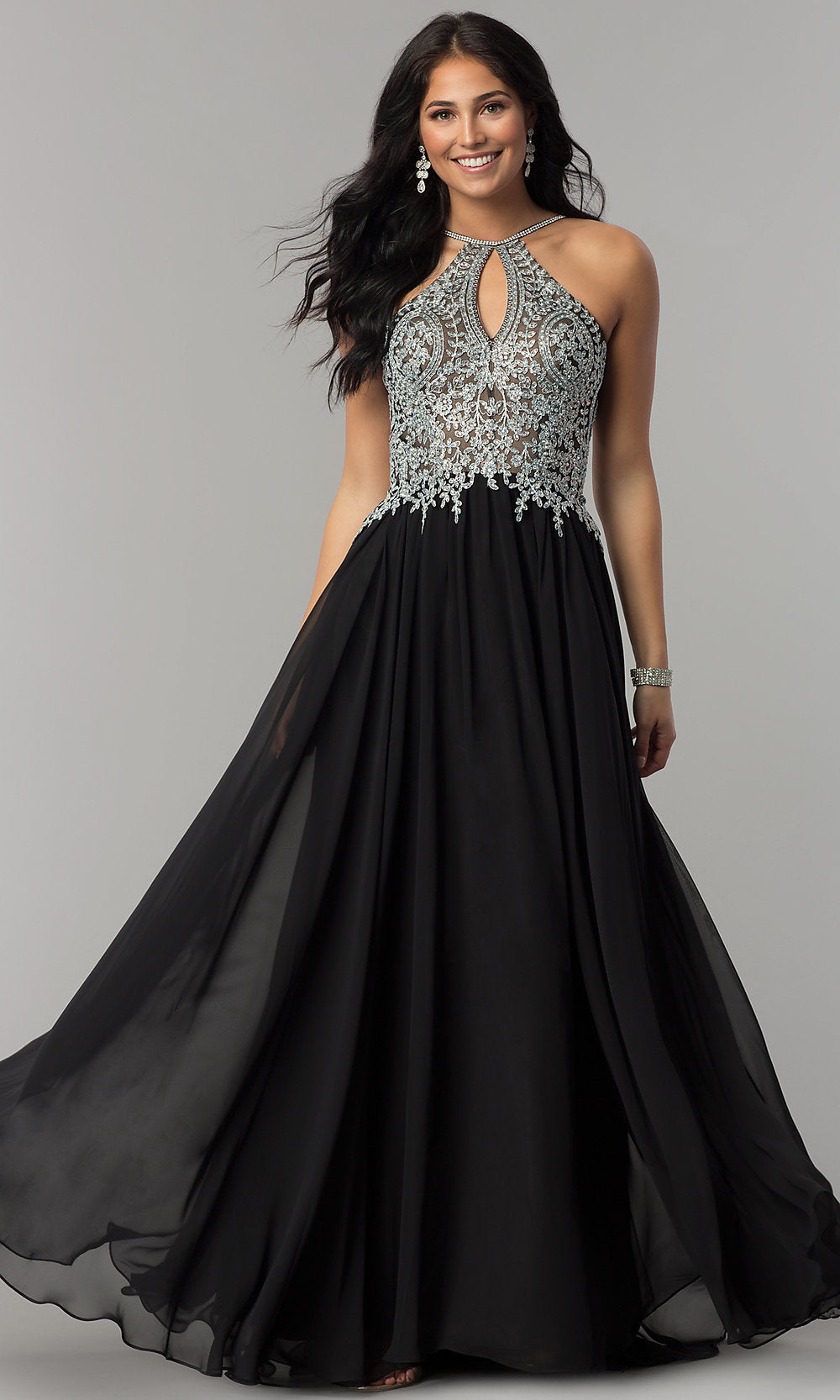 Black Keyhole Embellished-Bodice Long Chiffon Prom Dress