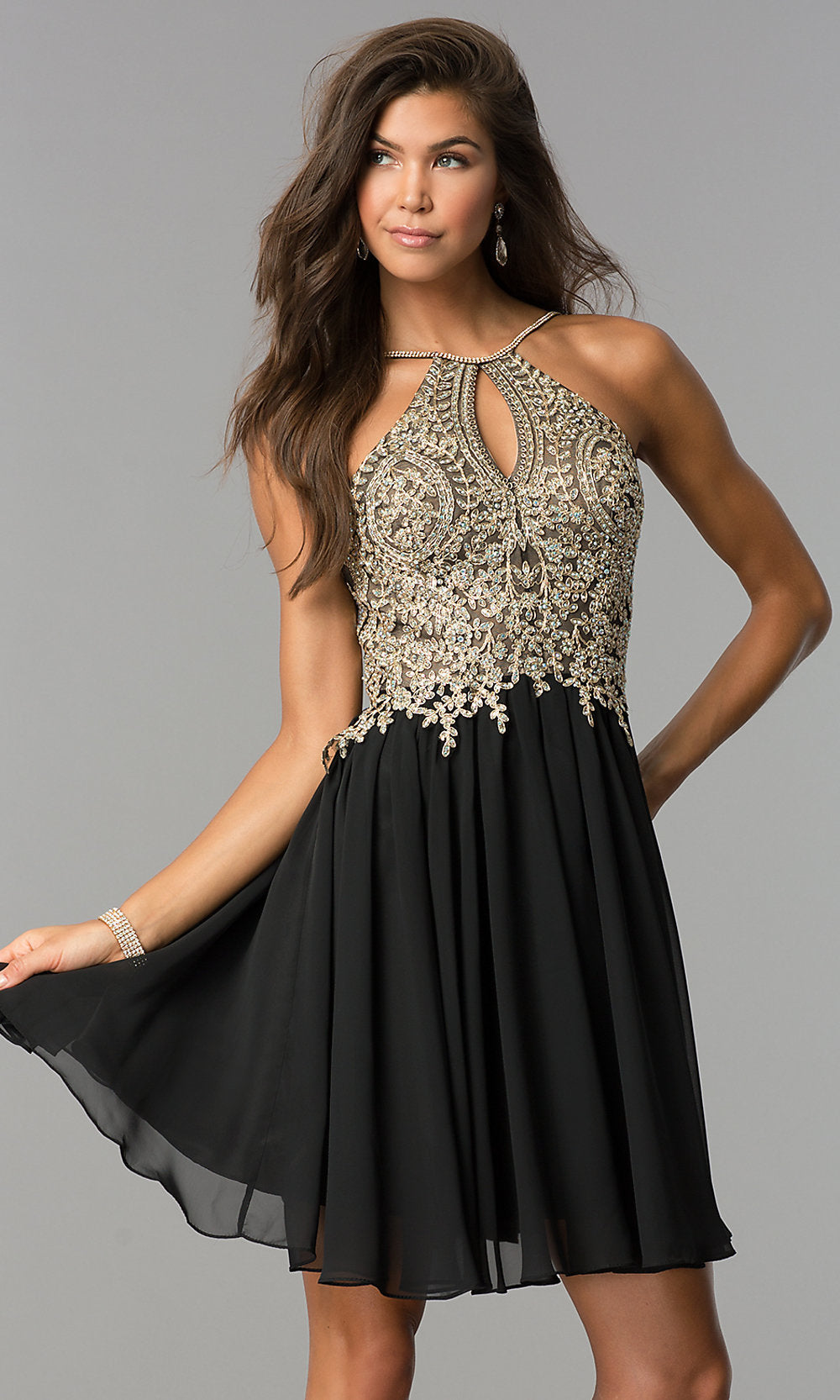 Black Short Homecoming Dress with Beaded High-Neck Bodice