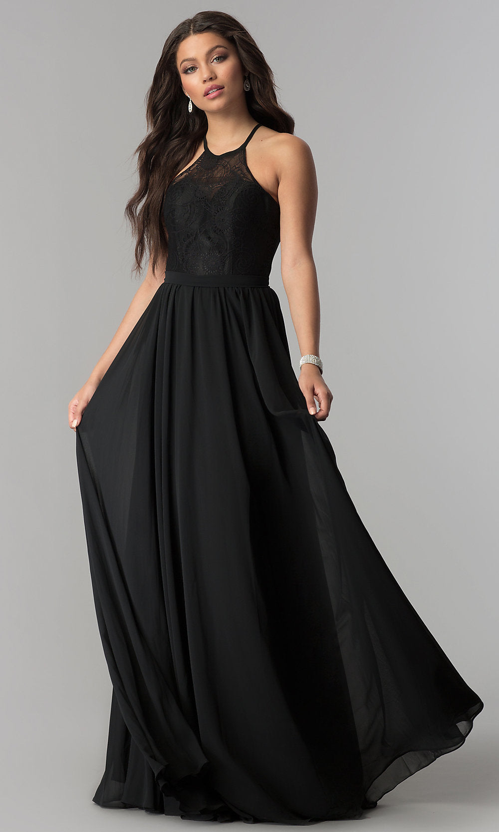 Black Lace-Bodice A-Line Long Chiffon Prom Dress