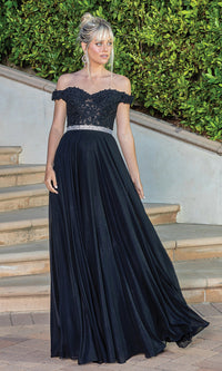 Black Off-the-Shoulder Long Metallic A-Line Prom Dress