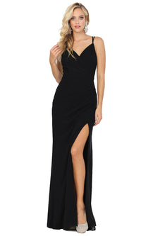 Black Faux-Wrap V-Neck Long Prom Dress