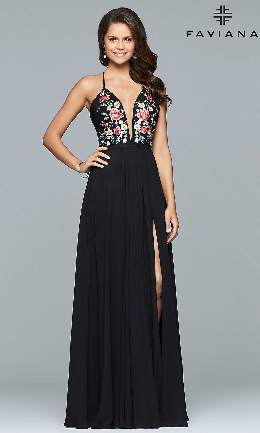 Embroidered-Bodice Long Faviana Chiffon Prom Dress Black / 00 Embroidered-Bodice Long Faviana Chiffon Prom Dress Black / 00