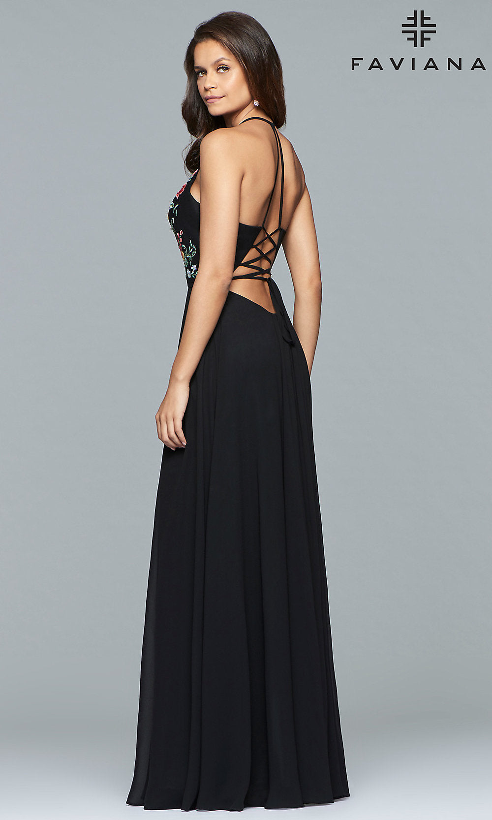 Faviana Embroidered-Bodice Long Chiffon Prom Dress Faviana Embroidered-Bodice Long Chiffon Prom Dress