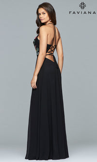  Embroidered-Bodice Long Faviana Chiffon Prom Dress