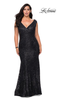 Black La Femme Long Plus-Size Sequin-Lace Prom Dress