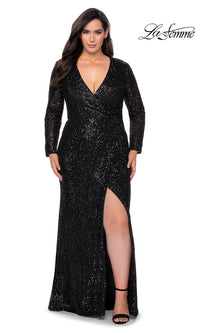 Black Sequin Long Sleeve La Femme Plus-Size Prom Dress