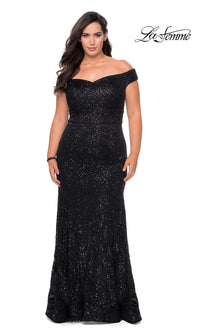 Black Off-the-Shoulder Long Shimmer Lace Plus Prom Dress