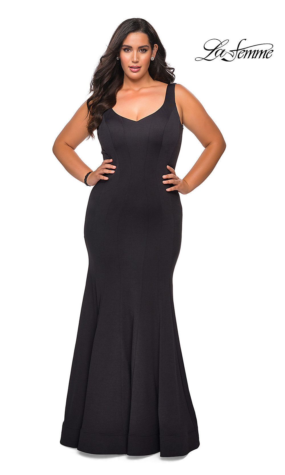 La Femme Long Jersey Plus Size Mermaid Dress - Black