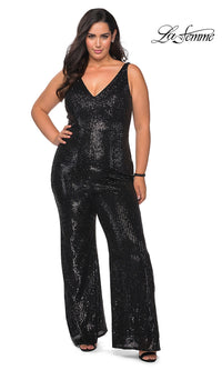  La Femme Sequin Formal Prom Jumpsuit in Plus Sizes