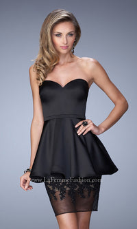 Black La Femme Strapless Short Peplum Party Dress
