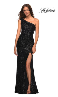 Black La Femme Long One-Shoulder Sequin Prom Dress