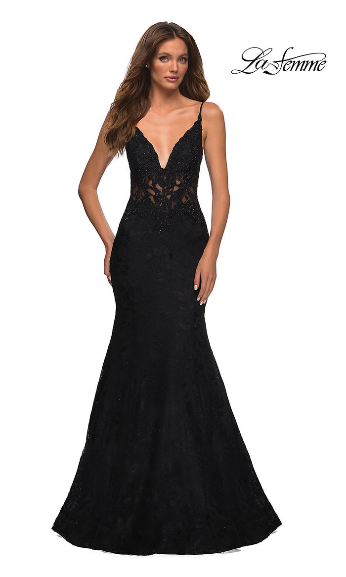 Black La Femme Sheer-Waist Long Lace Mermaid Prom Dress